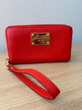 Michael Kors Red Orange Leather Wristlet Wallet